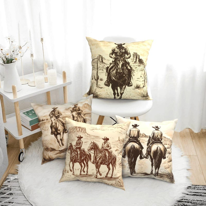 Worltoldb Throw Pillow Covers Set of 4 Decorative Soft Linen Fabric Square Cushion Case for Room Bedroom Sofa Car 18x18 (Western Cowboy, 18"x18") - Image 1