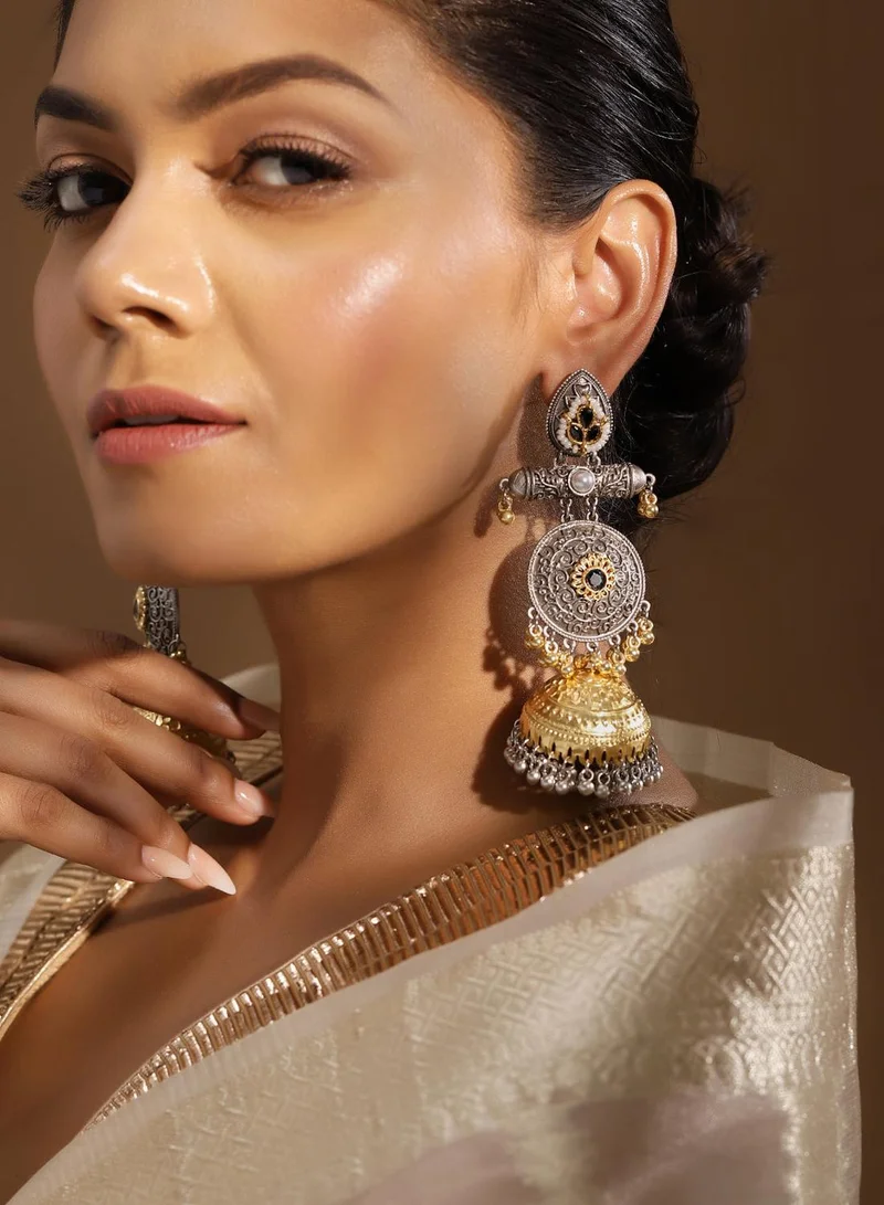 ISHIN Black Colour Metallic Grey Plated Jhumka Earring