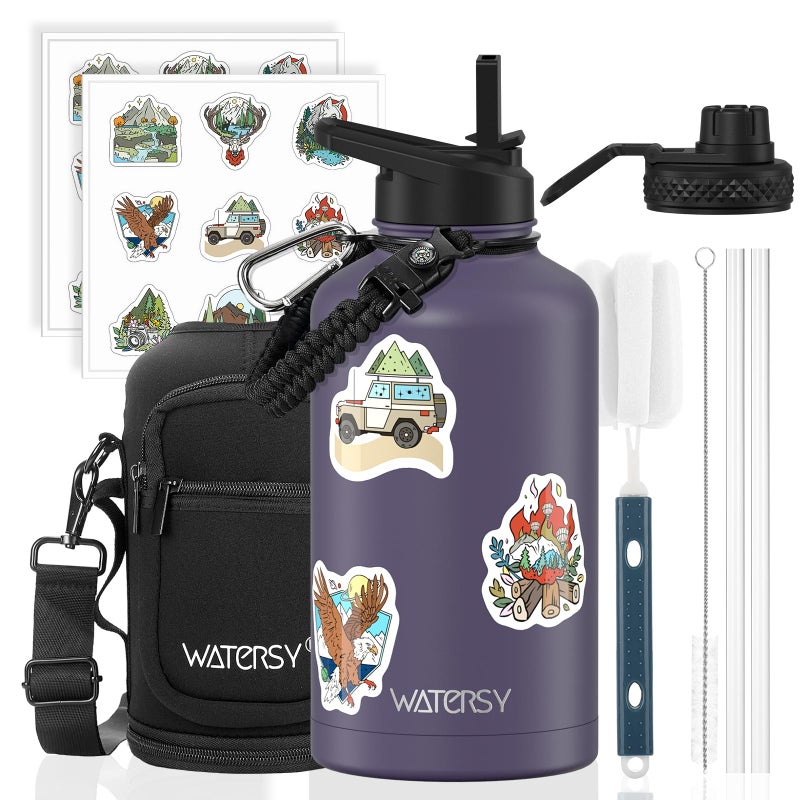 WATERSY 64oz Insulated Water Bottle (Cold for 48 Hrs),BPA Free&Leak Proof,Half Gallon Stainless Steel Water Flask,Water Jug with Straw Spout Lids for Gym,Hiking,Camping,Purple - Image 1