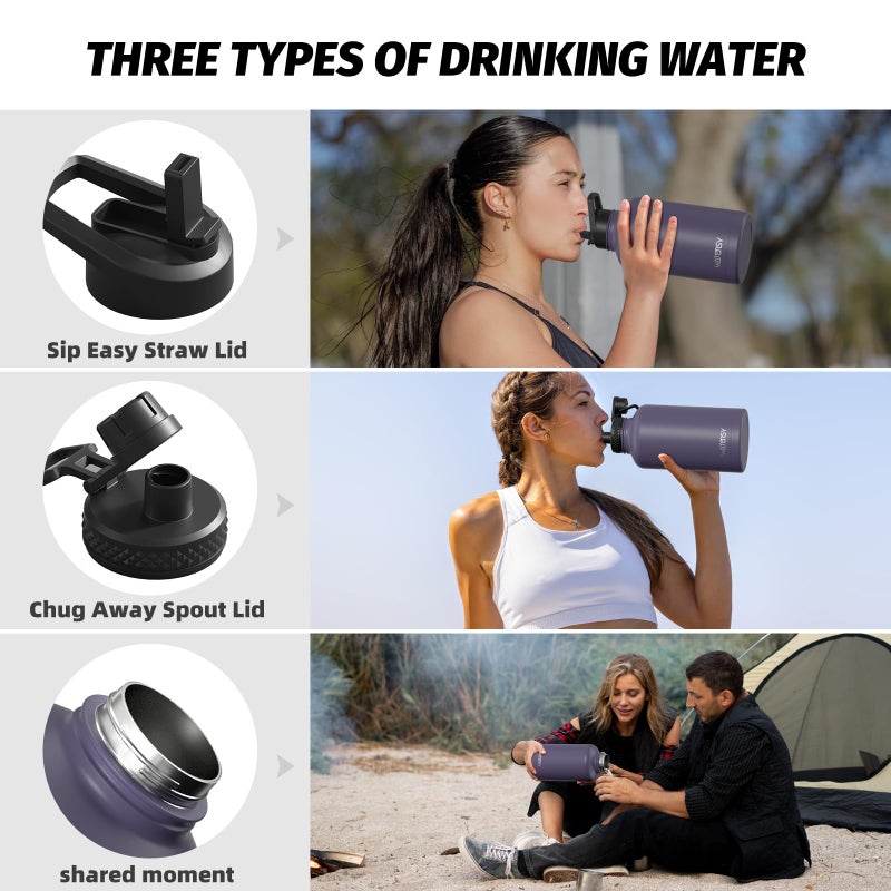 WATERSY 64oz Insulated Water Bottle (Cold for 48 Hrs),BPA Free&Leak Proof,Half Gallon Stainless Steel Water Flask,Water Jug with Straw Spout Lids for Gym,Hiking,Camping,Purple - Image 3