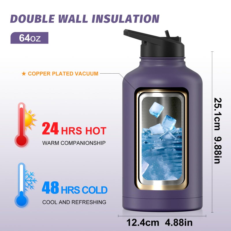 WATERSY 64oz Insulated Water Bottle (Cold for 48 Hrs),BPA Free&Leak Proof,Half Gallon Stainless Steel Water Flask,Water Jug with Straw Spout Lids for Gym,Hiking,Camping,Purple - Image 2