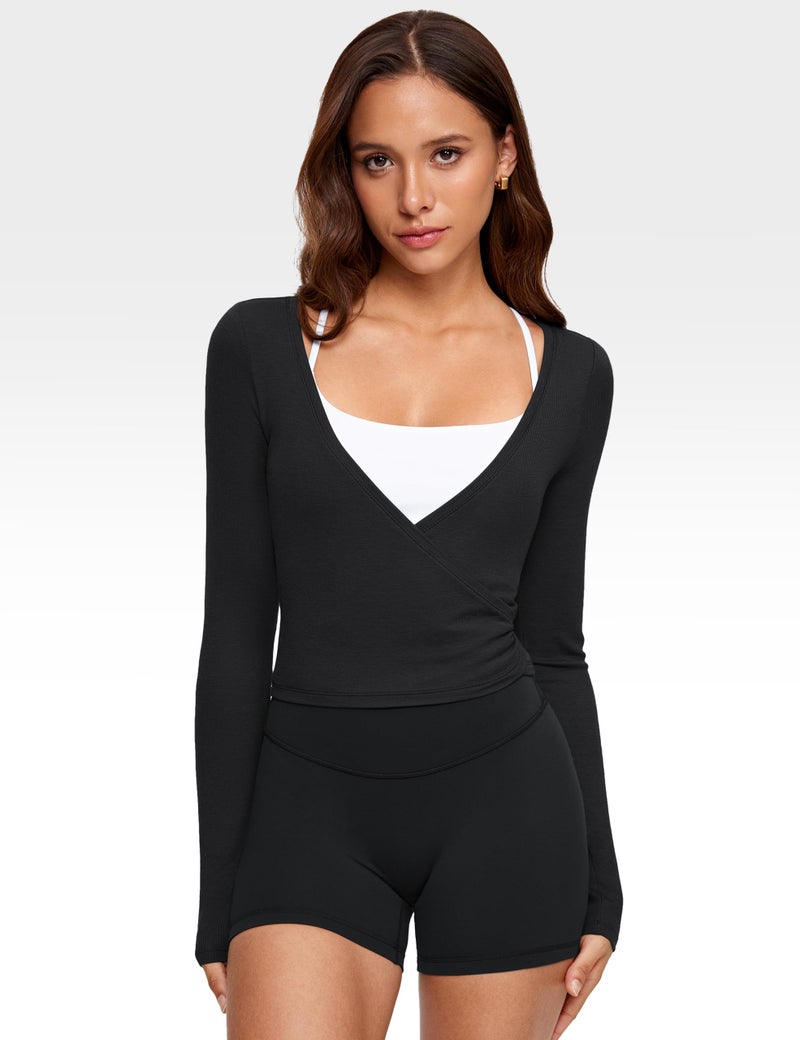 INGIA Womens V-Neck Long Sleeve Cross Wrap Top Slim Fit Soft Knit Layering Shirt Casual Yoga Gym Bandage Tie Tops Sand Large - Image 4