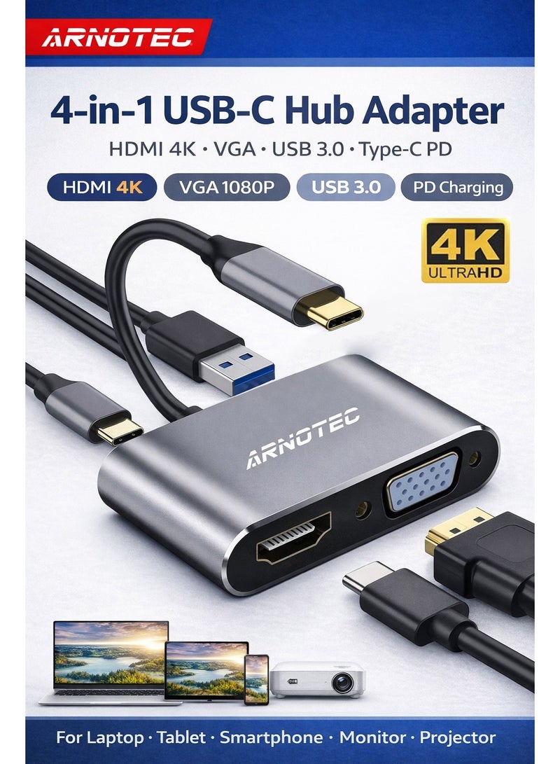 ARNOTEC 4-in-1 USB-C Hub Adapter with HDMI 4K, VGA 1080P, USB 3.0 & Type-C PD – Multiport USB-C to HDMI VGA Converter for Laptop, Tablet & Smartphone (Grey) - Image 1