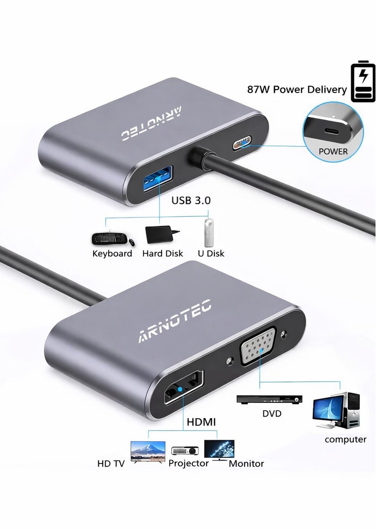 ARNOTEC 4-in-1 USB-C Hub Adapter with HDMI 4K, VGA 1080P, USB 3.0 & Type-C PD – Multiport USB-C to HDMI VGA Converter for Laptop, Tablet & Smartphone (Grey) - Image 4