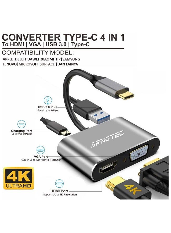 ARNOTEC 4-in-1 USB-C Hub Adapter with HDMI 4K, VGA 1080P, USB 3.0 & Type-C PD – Multiport USB-C to HDMI VGA Converter for Laptop, Tablet & Smartphone (Grey) - Image 2