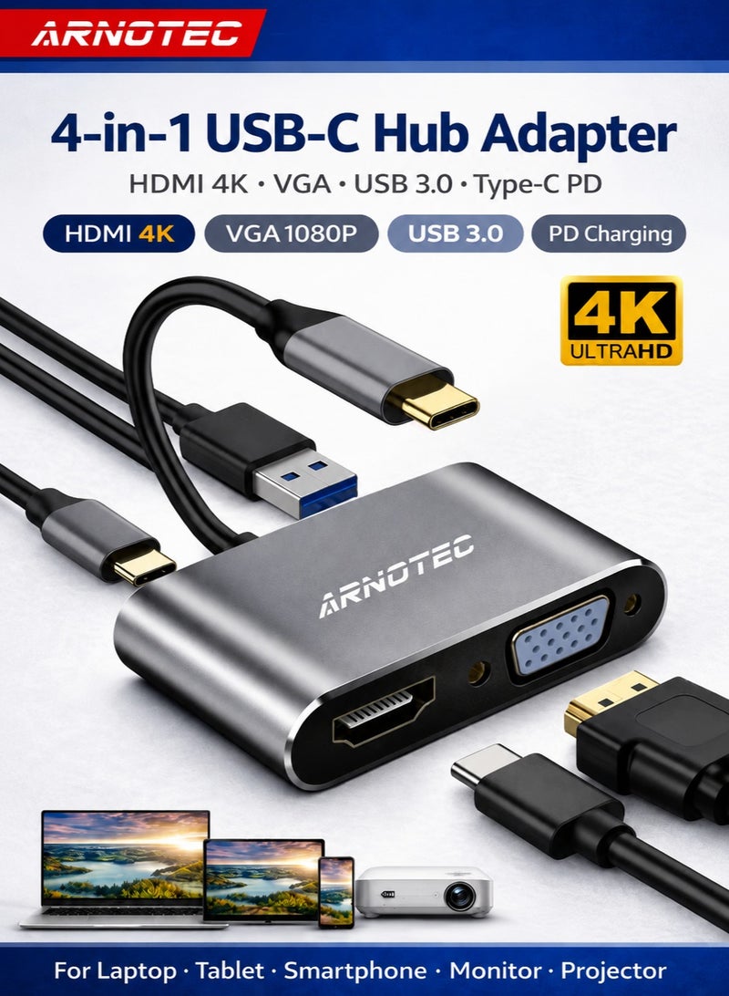 ARNOTEC محول USB-C 4 في 1 مع HDMI 4K و VGA 1080P و USB 3.0 و Type-C PD – محول متعدد المنافذ USB-C إلى HDMI و VGA للكمبيوتر المحمول والتابلت والهاتف الذكي (رمادي) - Image 1