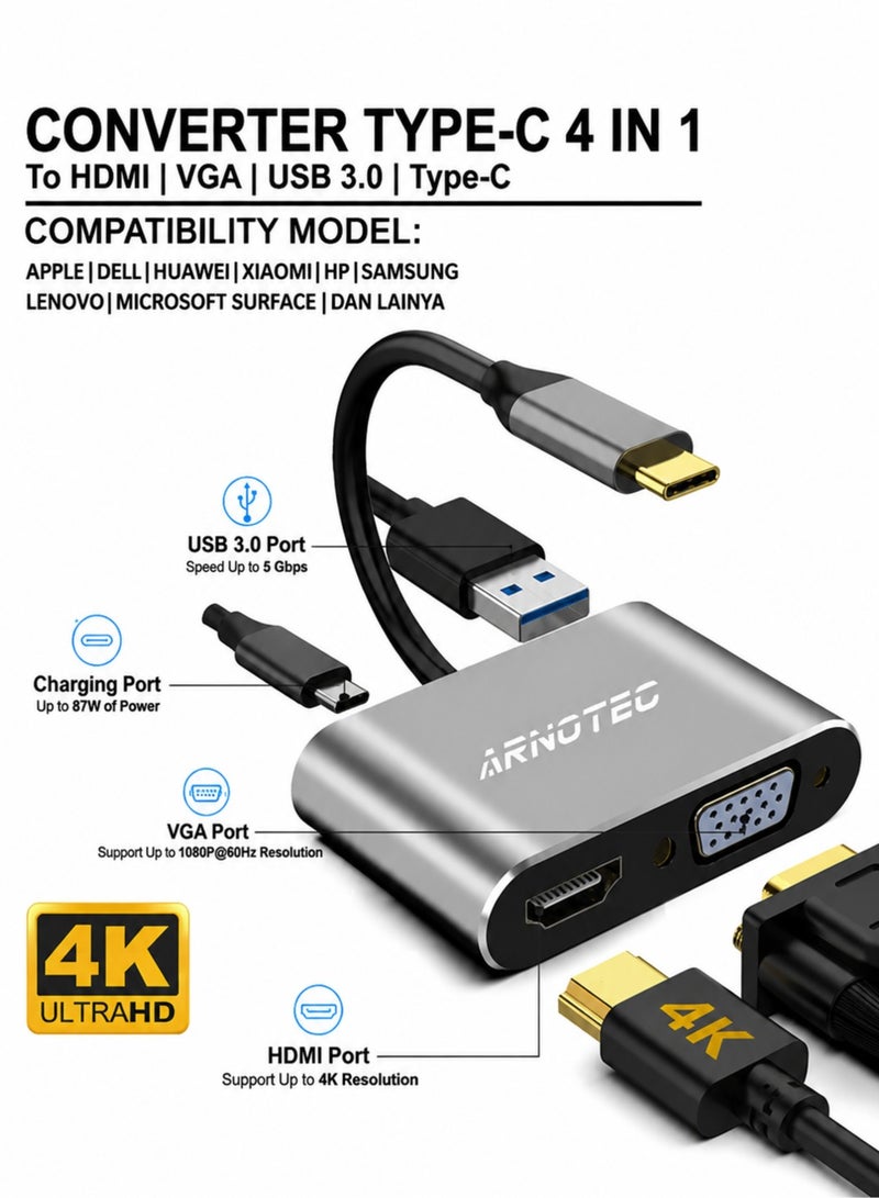 ARNOTEC محول USB-C 4 في 1 مع HDMI 4K و VGA 1080P و USB 3.0 و Type-C PD – محول متعدد المنافذ USB-C إلى HDMI و VGA للكمبيوتر المحمول والتابلت والهاتف الذكي (رمادي) - Image 2