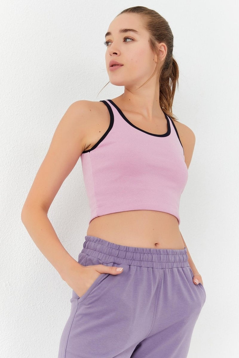 Tommy Life Pink Basic Zero Sleeve Slim Fit U Neck Women's Crop Top Tank - 97162  - Image 1