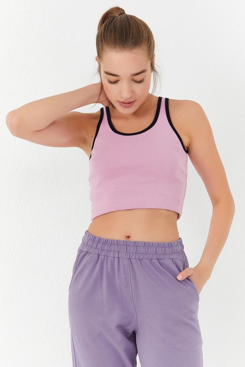 Tommy Life Pink Basic Zero Sleeve Slim Fit U Neck Women's Crop Top Tank - 97162  - Image 5
