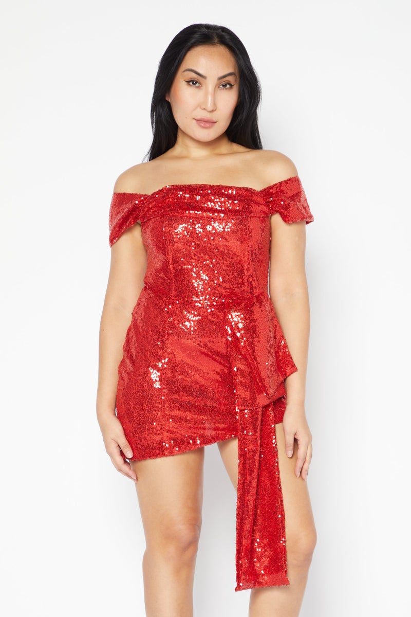 Women Petite Sequins Mini Party Dress, Red