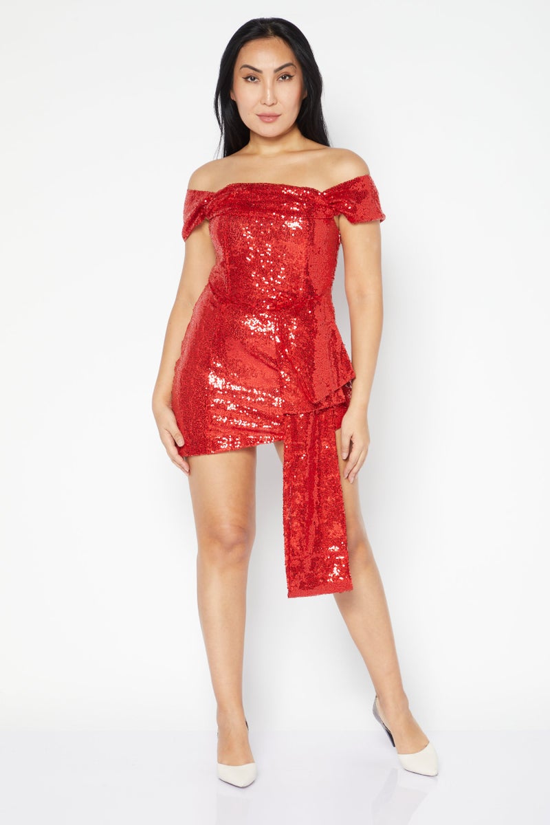 Women Petite Sequins Mini Party Dress, Red
