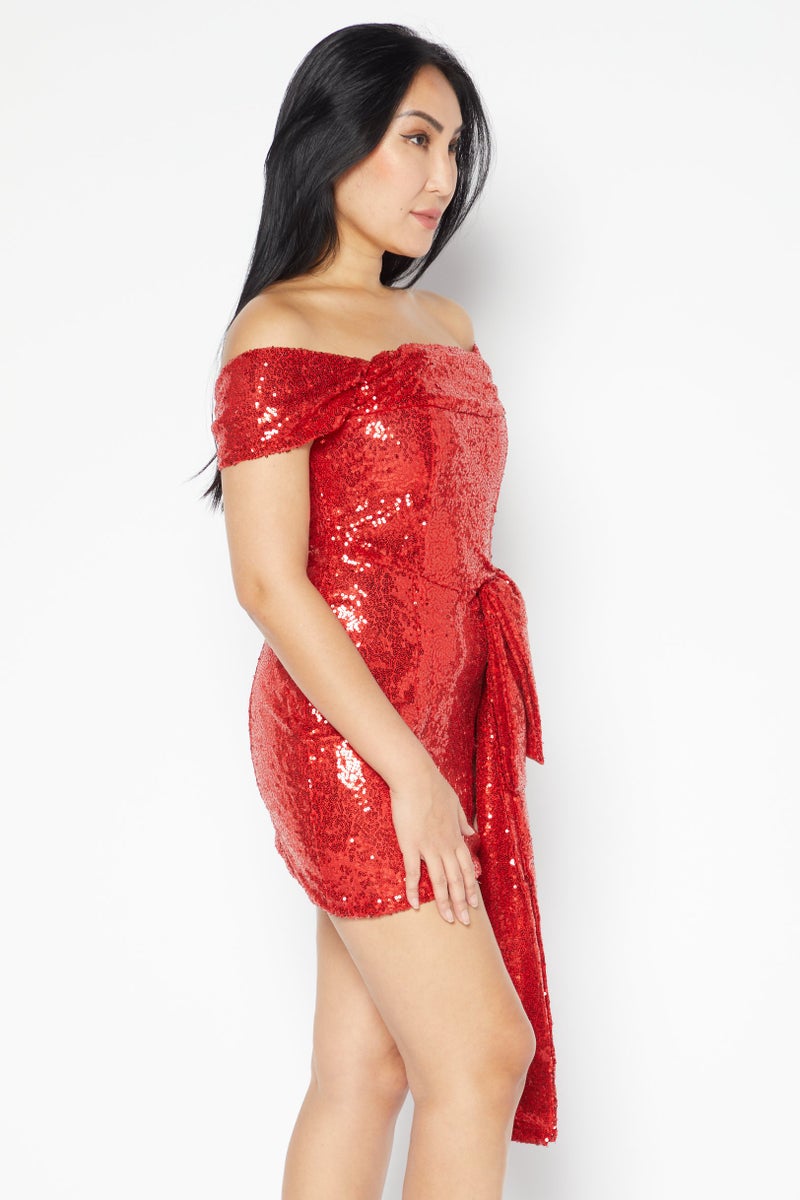 Women Petite Sequins Mini Party Dress, Red
