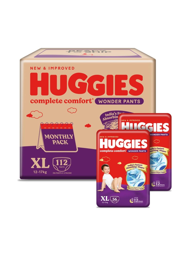 Huggies Complete Comfort Wonder Pants | Pant Style Baby Diapers Extra Large Size, 112 Count | India's Fastest Absorbing Diaper, Prevents Diaper Rash, Ideal for 12 to 17 Kgs (56 count, Pack of 2) - Image 1