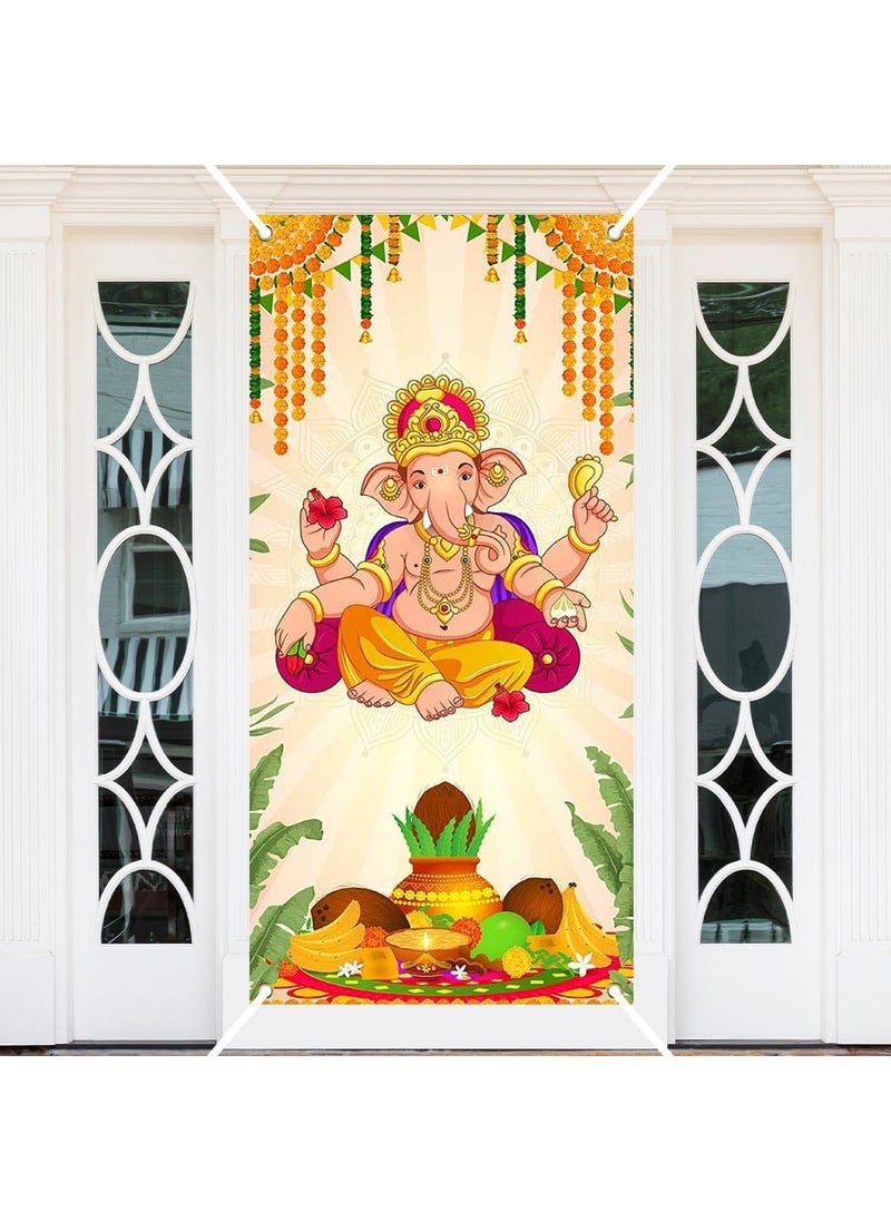 Ticuenicoa Ticuenicoa India Pooja Traditional Door Banner Decorations Ganesha Ganesh Puja Ganpati Pooja Mehndi Porch Signs Banners Party Decorations Indoor Outdoor Yard Home Door Cover Decor  - Image 1