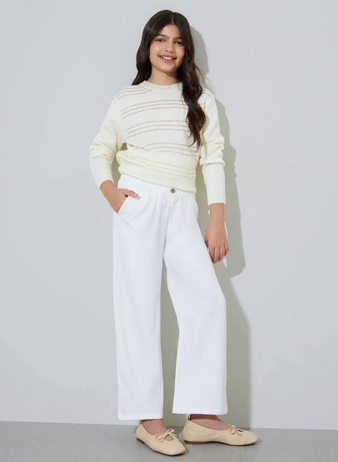 Styli Teen Girls Off White Solid Wide Leg Casual Trousers