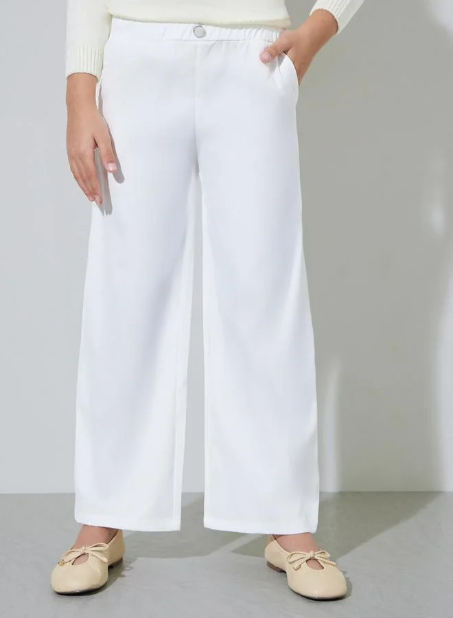 Styli Teen Girls Off White Solid Wide Leg Casual Trousers