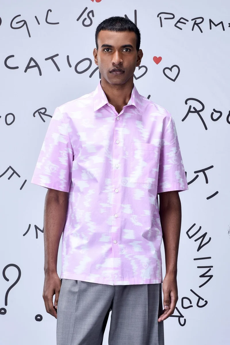 Genes Lecoanet Hemant Ikat Check Print Regular Fit Shirt - Smoothie Pink