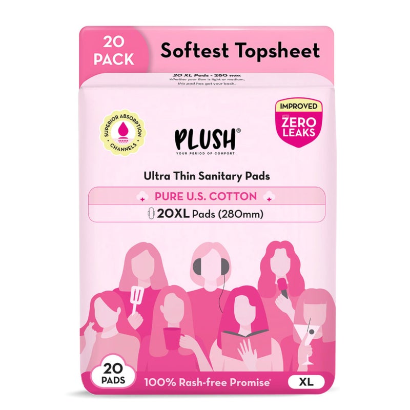 Plush Ultra-Thin Extra Large Sanitary Napkins for Women, 20 Pcs | For Light-Medium Flow | 100% Rash-Free | Pure U.S. Cotton XL Sanitary Pads | No Fragrance | No Toxic-Chemicals - Image 2