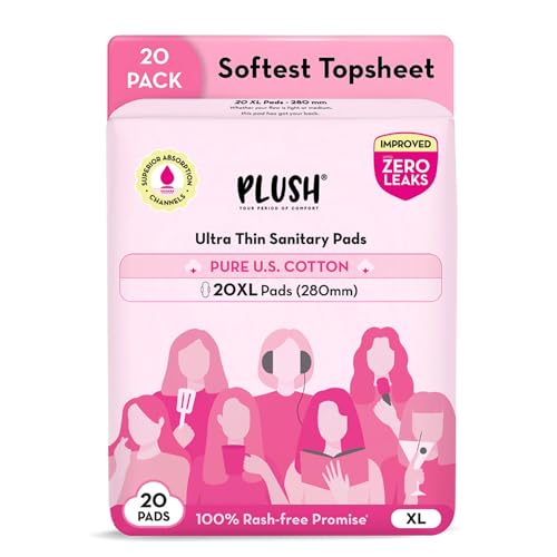 Plush Ultra-Thin Extra Large Sanitary Napkins for Women, 20 Pcs | For Light-Medium Flow | 100% Rash-Free | Pure U.S. Cotton XL Sanitary Pads | No Fragrance | No Toxic-Chemicals - Image 1