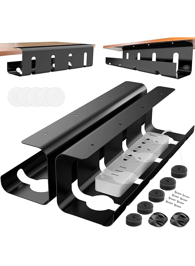 promass Under Desk Cable Management 2 Pack, No-Drill Sturdy Steel Under Desk Storage Tray for Keeping Cable Desk Tidy, Managing Cables Power Strips for Office and Home (Black) - Image 1