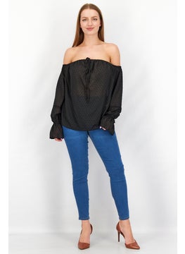 Mohito Women Off Shoulder Neck Long Sleeve Textured Top,  Black  - Image 4
