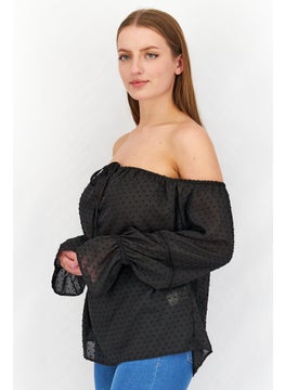 Mohito Women Off Shoulder Neck Long Sleeve Textured Top,  Black  - Image 2
