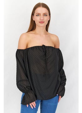 Mohito Women Off Shoulder Neck Long Sleeve Textured Top,  Black  - Image 1