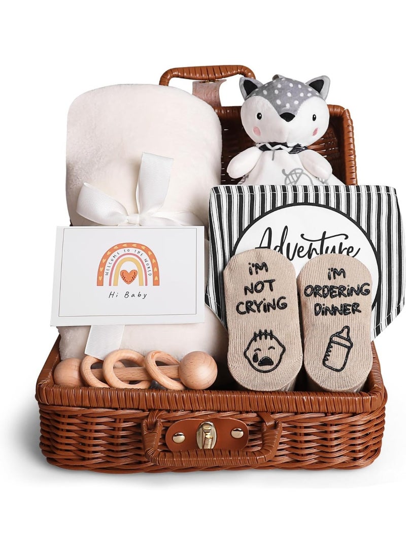 Baby Gift Basket, Newborn Gift Set with Baby Baby Rattle, Newborn Baby Gift Set, Newborn Baby Gifts, Medium Baby Gift Basket Kit for Expecting Moms(WHITE) - Image 1