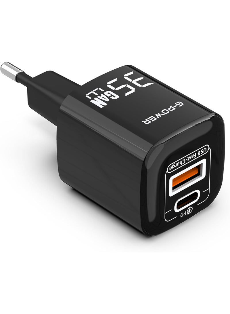 جي باور شاحن G-Power GP-C21 ثنائي المنافذ USB بقوة 35 واط (USB-A وUSB-C) يدعم تقنية الشحن السريع Qualcomm Quick Charge 3.0، متوافق مع أجهزة iPhone 14/14 Plus/14 Pro/14 Pro Max/13، وGalaxy، وPixel 4/3، وiPad - أسود - Image 1