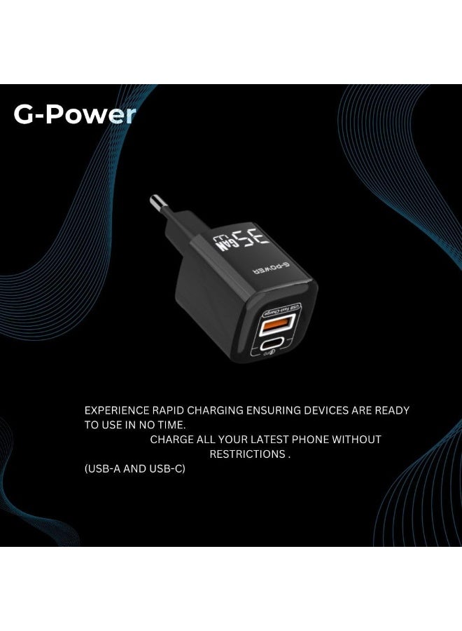 جي باور شاحن G-Power GP-C21 ثنائي المنافذ USB بقوة 35 واط (USB-A وUSB-C) يدعم تقنية الشحن السريع Qualcomm Quick Charge 3.0، متوافق مع أجهزة iPhone 14/14 Plus/14 Pro/14 Pro Max/13، وGalaxy، وPixel 4/3، وiPad - أسود - Image 2