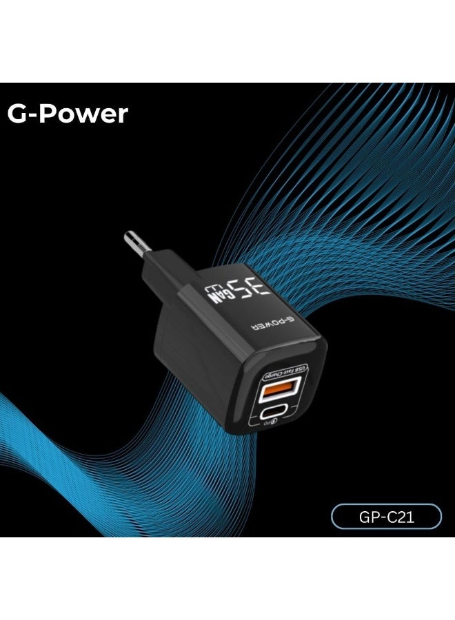 جي باور شاحن G-Power GP-C21 ثنائي المنافذ USB بقوة 35 واط (USB-A وUSB-C) يدعم تقنية الشحن السريع Qualcomm Quick Charge 3.0، متوافق مع أجهزة iPhone 14/14 Plus/14 Pro/14 Pro Max/13، وGalaxy، وPixel 4/3، وiPad - أسود - Image 3