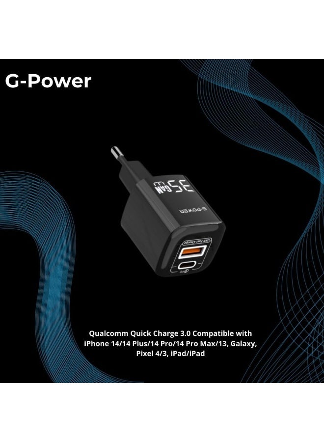 جي باور شاحن G-Power GP-C21 ثنائي المنافذ USB بقوة 35 واط (USB-A وUSB-C) يدعم تقنية الشحن السريع Qualcomm Quick Charge 3.0، متوافق مع أجهزة iPhone 14/14 Plus/14 Pro/14 Pro Max/13، وGalaxy، وPixel 4/3، وiPad - أسود - Image 4