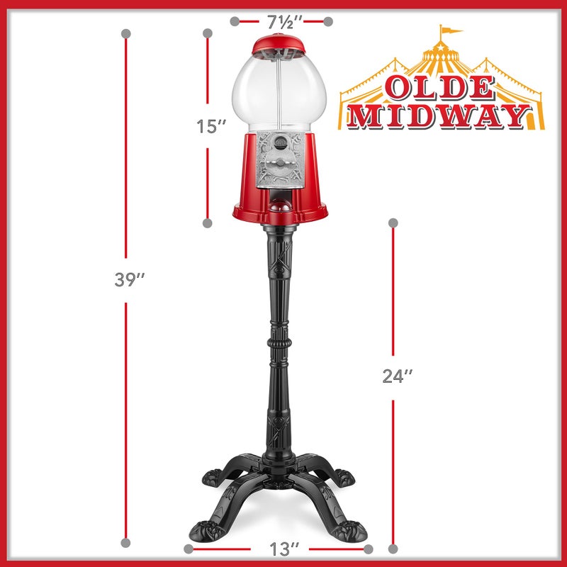 OLDE MIDWAY ماكينة علكة Olde Midway مقاس 15 بوصة مع حامل - موزع حلوى العلكة باللون الأحمر العتيق مع كرة زجاجية وقاعدة معدنية - Image 3