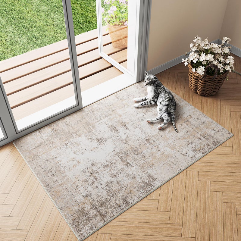 HUGEAR Washable Door Mat Rug 60x90cm Beige Grey Doormats Non Slip Abstract Natural Neutral Modern Small Carpet Entrance Bedroom Kitchen Lounge Bedside Low Pile Carpets