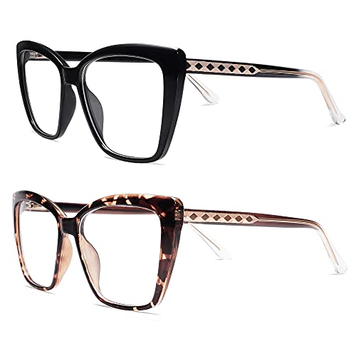 AMOMOMA Trendy TR90 Oversized Blue Light Reading Glasses Women,Stylish Square Cat Eye Glasses AM6031 C1+C6 1.5 x - Image 3