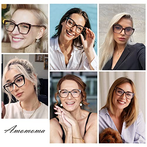 AMOMOMA Trendy TR90 Oversized Blue Light Reading Glasses Women,Stylish Square Cat Eye Glasses AM6031 C1+C6 1.5 x - Image 2