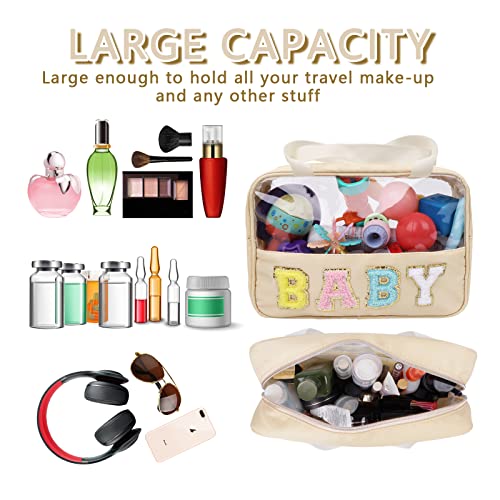 Iqimott Chenille Letter Patch Baby Bag, Preppy Clear Makeup Cosmetic Bag Large Toiletry Storage Tote Bag with Handle, Transparent Nylon Waterproof Organizer Zipper Pouch for Travel Women Girls(Beige) - Image 4