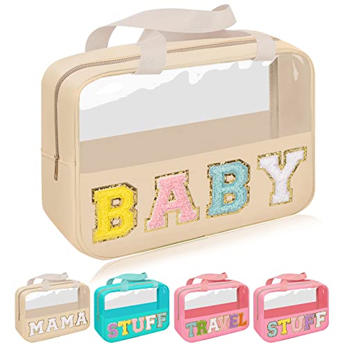 Iqimott Chenille Letter Patch Baby Bag, Preppy Clear Makeup Cosmetic Bag Large Toiletry Storage Tote Bag with Handle, Transparent Nylon Waterproof Organizer Zipper Pouch for Travel Women Girls(Beige) - Image 1