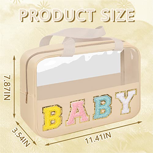 Iqimott Chenille Letter Patch Baby Bag, Preppy Clear Makeup Cosmetic Bag Large Toiletry Storage Tote Bag with Handle, Transparent Nylon Waterproof Organizer Zipper Pouch for Travel Women Girls(Beige) - Image 2