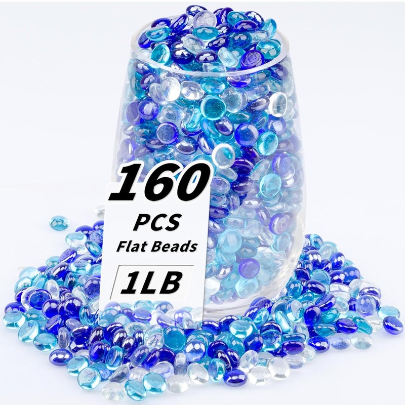 Foncomy 1 LB Mix Blue Flat Glass Beads, 160-180PCS Small Glass Marbles, Mini Flat Round Pebbles for Vase Filler and Floral, Fish Tank Rocks Decorative Gemstones for Home and Aquarium Décor - Image 1