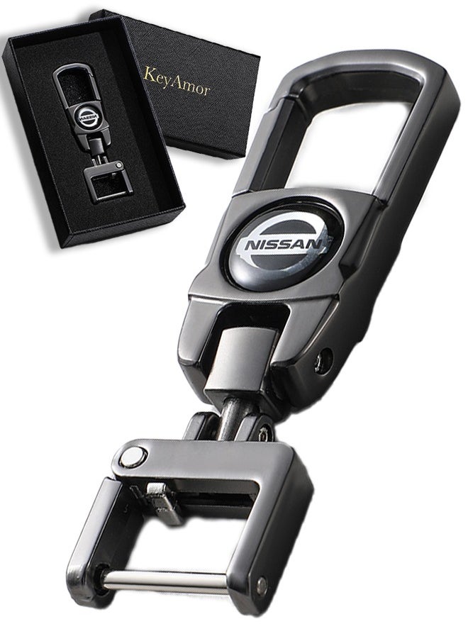 KeyAmor Luxury Metal Nissan Keychain in Gunmetal Colour Stylish Car Key Holder with Strong Lock Simple Design and Durable Build Comes with a Premium Gift Box making it a stylish and useful gift  - Image 1
