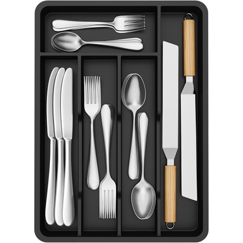 Lifewit Silverware Drawer Organizer Tray, Plastic Cutlery Storage for Kitchen, Flatware and Utensil Holder Divider for Spoons Forks Knives Tableware, 9.5 x 13.4", 5 Slots, Black - Image 1
