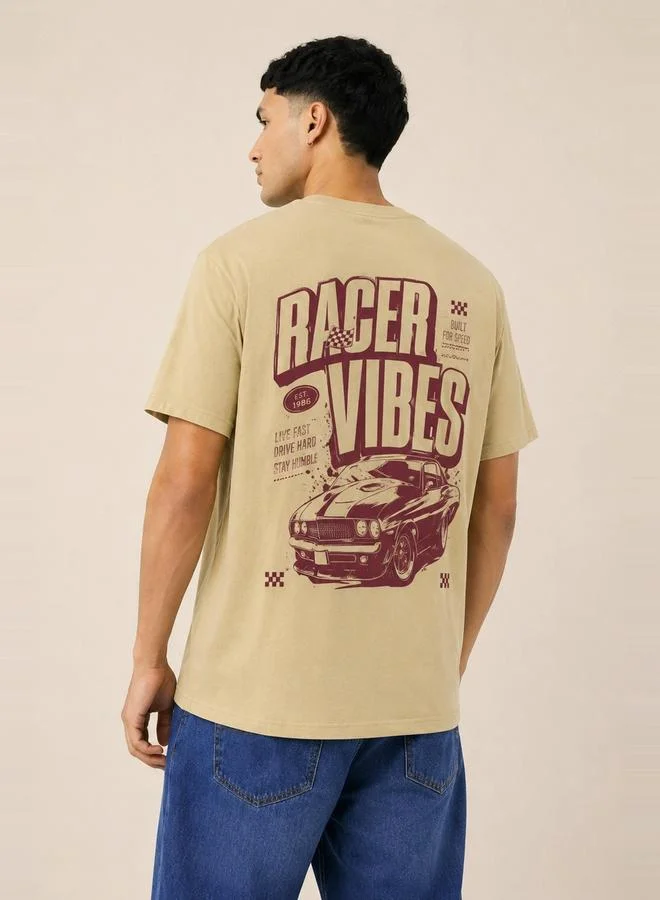 تايك تو Beige Racer Vibes Graphic Crew Neck T-Shirt By Falcon