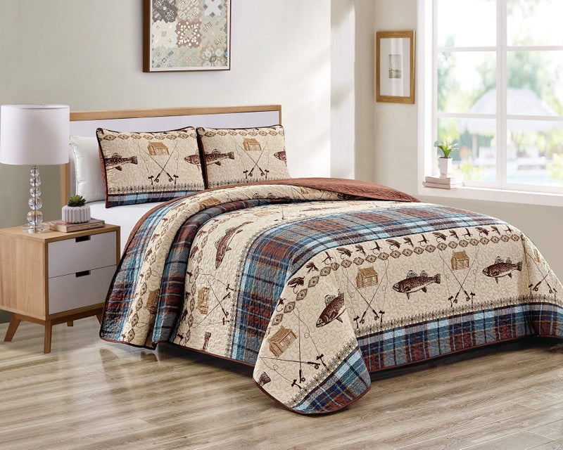 River Fly Fishing Rustic Cabin Lodge Quilt Bedspread Bedding Set with Fishing and Southwestern Plaid Tweed Patterns Blue Brown River Lodge King CalKing