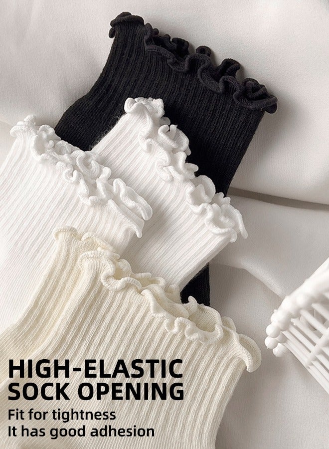 Women'S Ruffle Socks - Casual Ankle Length Breathable Cool Knit Cotton Cute Ruffle Mid-Tube Socks - Breathable Cool Knit Cotton Round Neck Ruffle Socks 3 Pairs  - Image 5
