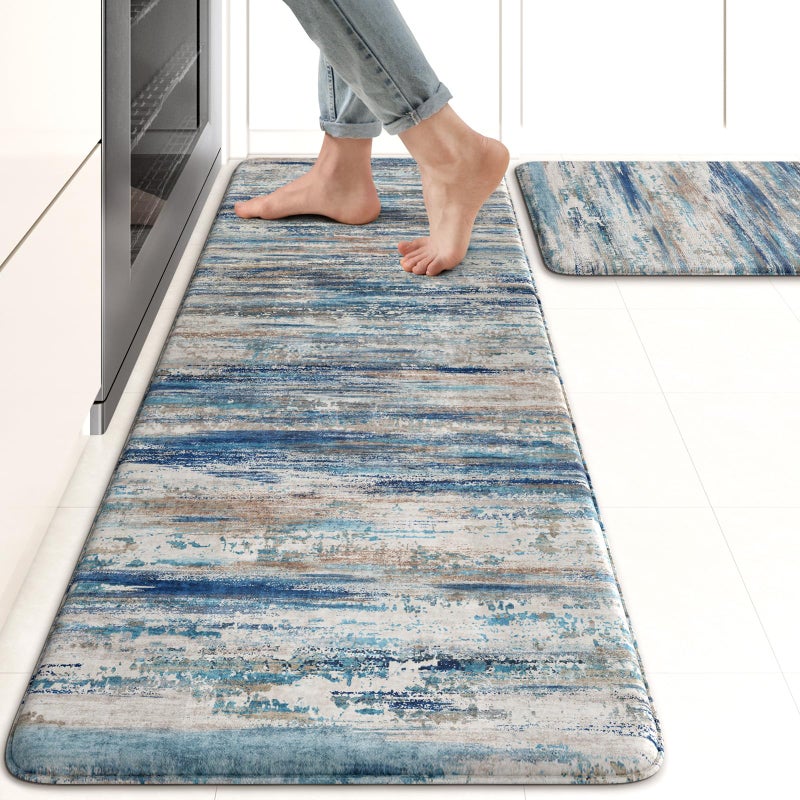 KIMODE Christmas Anti Fatigue Kitchen Mats for Floor 2 Piece, Blue Grey Farmhouse Kitchen Rugs 17"x47"+17"x29", Non Slip Waterproof Kitchen Floor Mats, Standing Mats for Laundry Office Sink Desk - Image 1