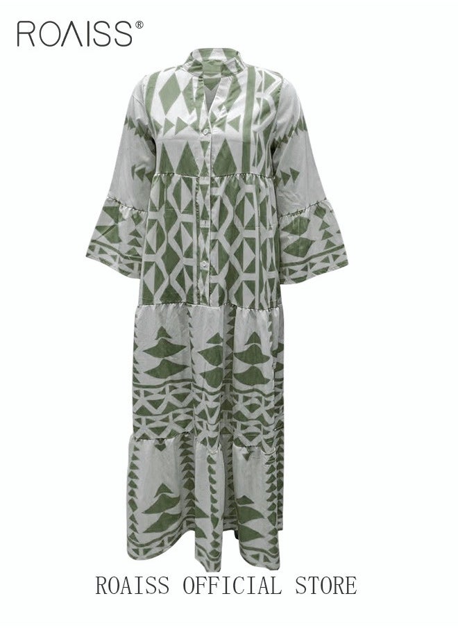 roaiss - New Bohemian Loose Shirt Dress for Women Summer Women's Fashion Casual Dress Ladies Printed Traditional Wear Loose and Breathable - Image 1