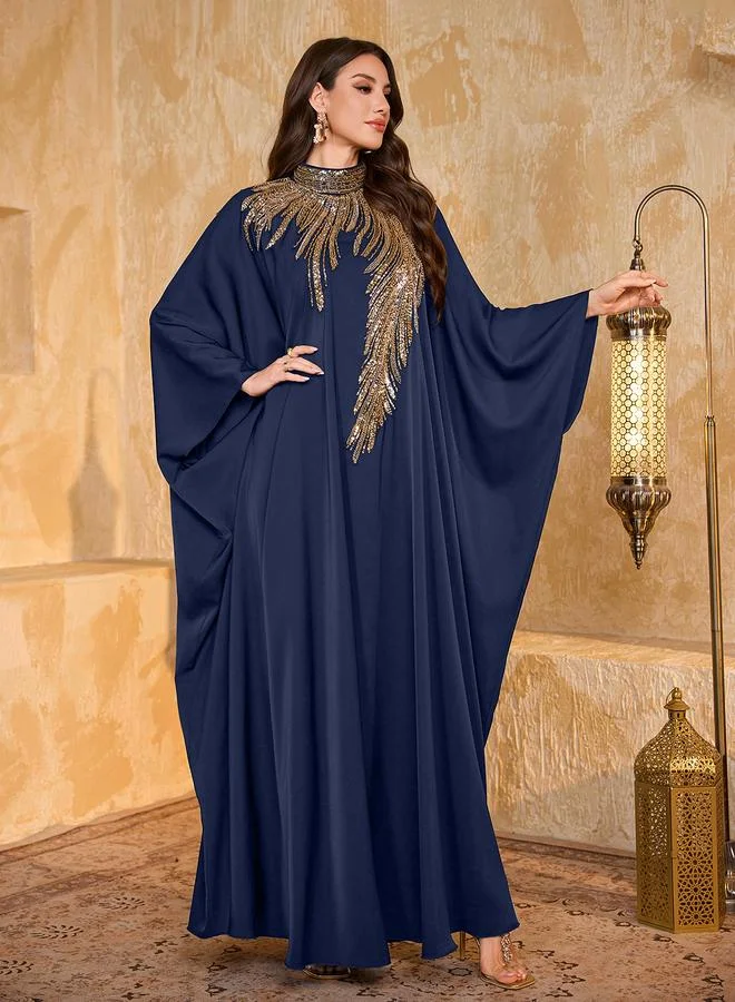 Supgir Navy Blue Sequin Yoke High Neck Maxi Kaftan