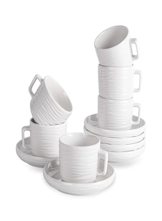 CHILDIKE Porcelain Cappuccino Cups with Saucers, 8 OZ White Ceramic Coffee Cups Set of 6, Good for Latte, Americano and Tea, Microwave and Dishwasher Safe, Ribbed Texture - Image 1