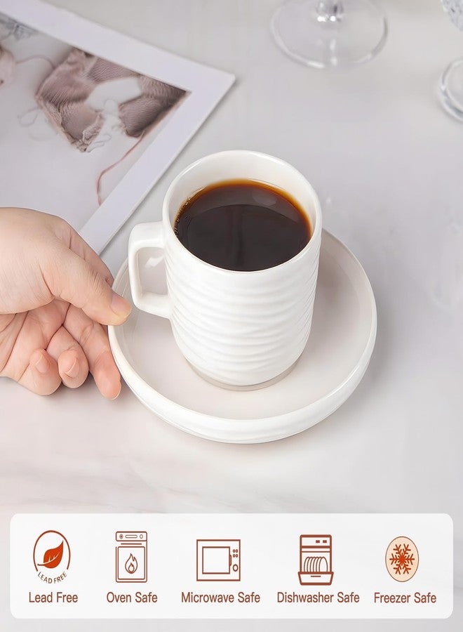 CHILDIKE Porcelain Cappuccino Cups with Saucers, 8 OZ White Ceramic Coffee Cups Set of 6, Good for Latte, Americano and Tea, Microwave and Dishwasher Safe, Ribbed Texture - Image 3
